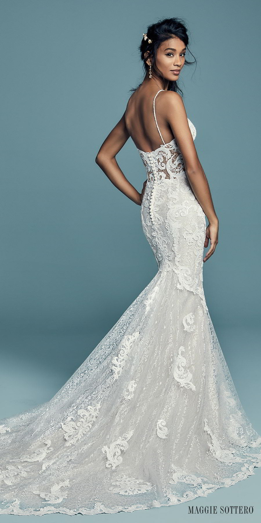 maggie sottero fall 2018 bridal sleeveless thin straps sweetheart heavily embellished fit flare mermaid lace wedding dress (tuscany lynette) chapel train bv