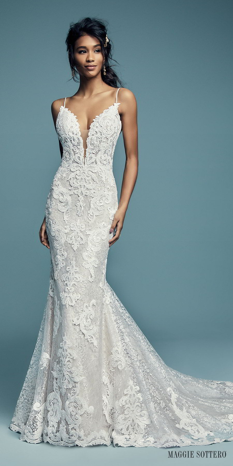 maggie sottero fall 2018 bridal sleeveless thin straps sweetheart heavily embellished fit flare mermaid lace wedding dress (tuscany lynette) chapel train mv