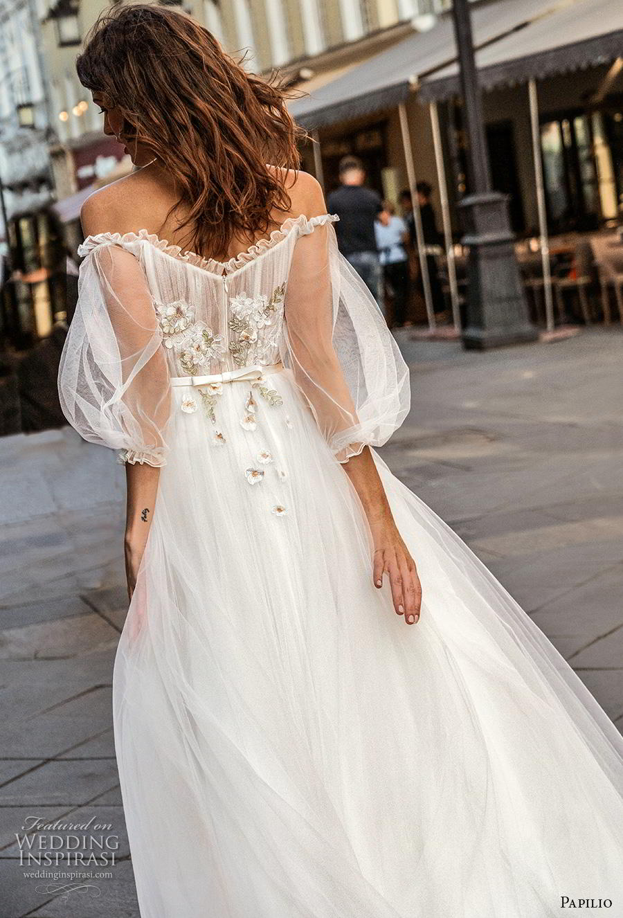 papilio 2019 bridal long bishop sleeves off the shoulder scoop neckline lightly embellished bodice romantic a  line wedding dress mid back chapel train (8) zbv