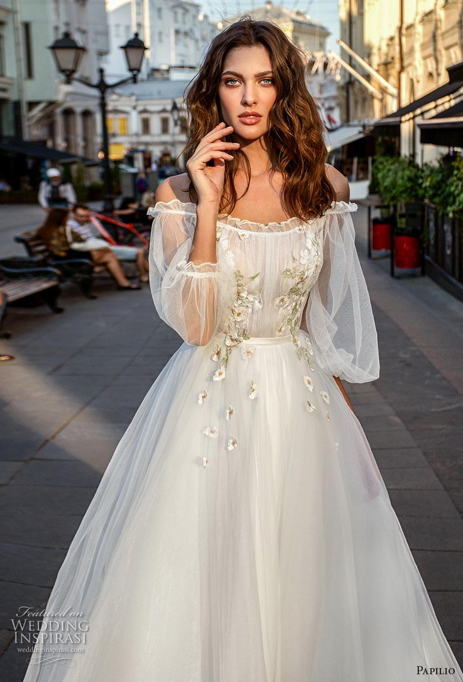 papilio 2019 bridal long bishop sleeves off the shoulder scoop neckline lightly embellished bodice romantic a  line wedding dress mid back chapel train (8) zv