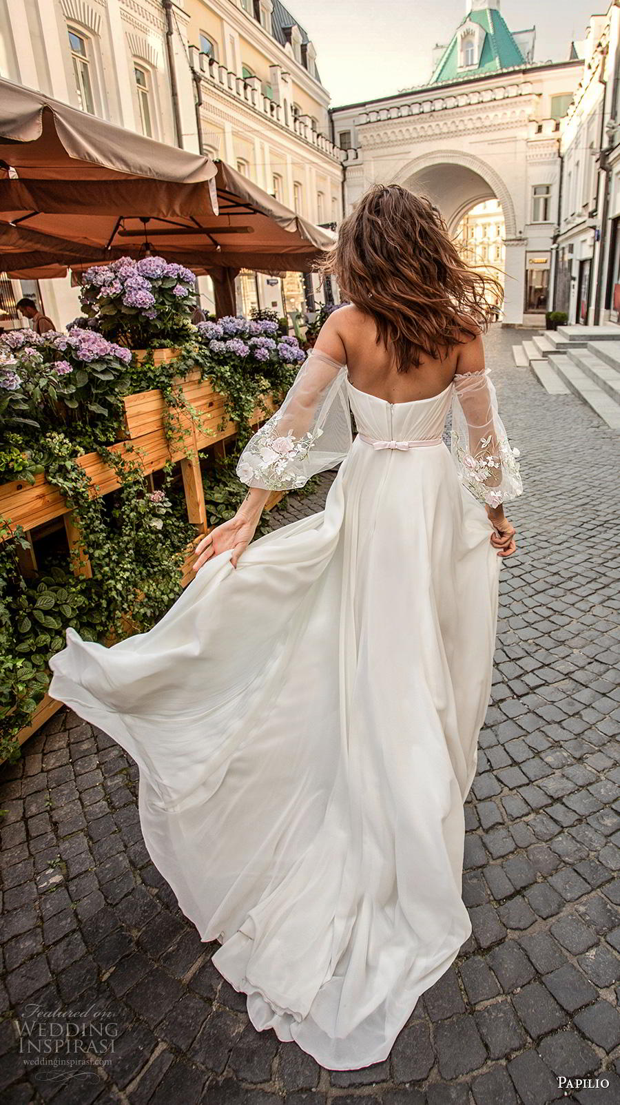 papilio 2019 bridal long bishop sleeves off the shoulder sweetheart neckline wrap over ruched bodice slit skirt romantic a  line wedding dress medium train (1) bv