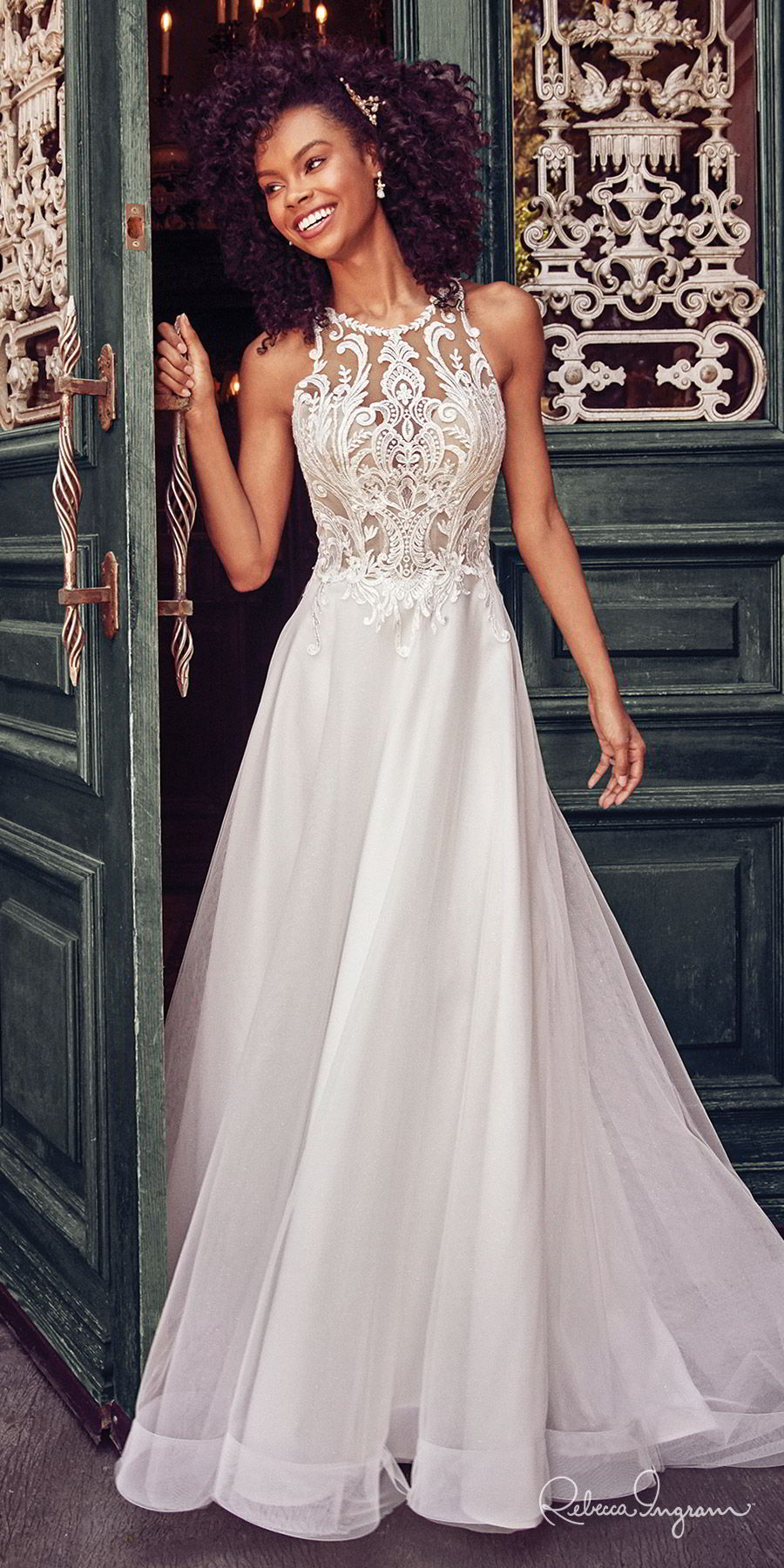 rebecca ingram spring 2019 bridal sleeveless illusion jewel neckline sweetheart lace bodice a line ball gown wedding dress (ardelle) princess chapel train mv