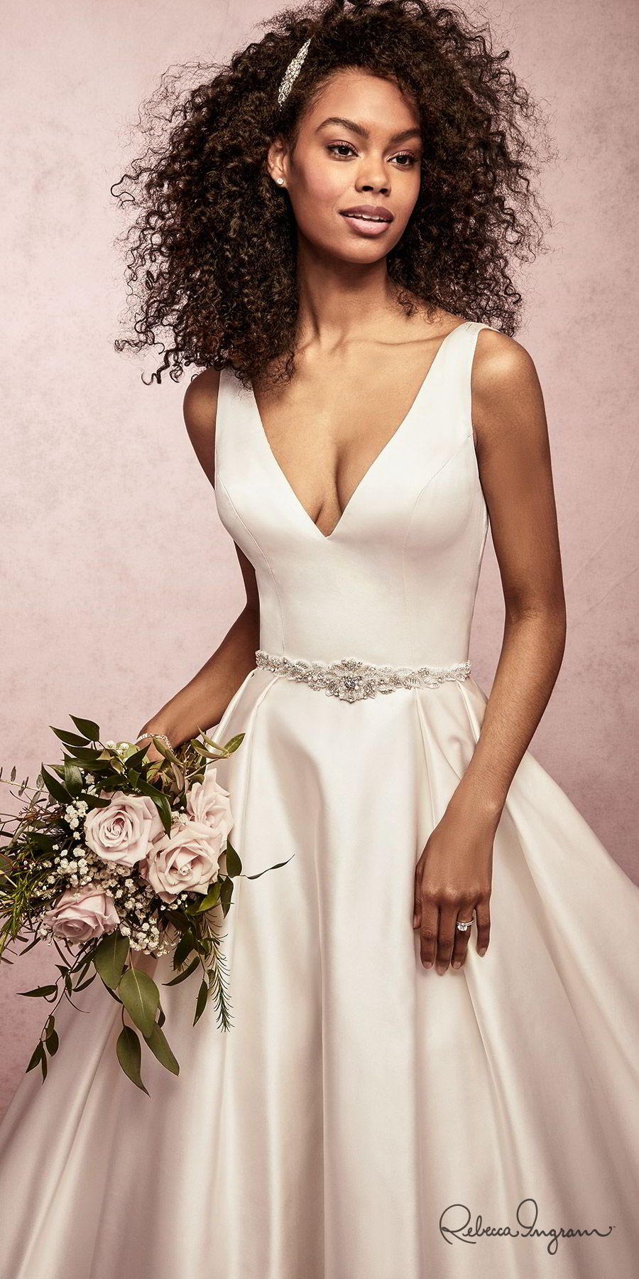 rebecca ingram spring 2019 bridal sleeveless thick straps v neckline a line ball gown simple wedding dress (sammie) minimalist clean modern princess chapel train mv