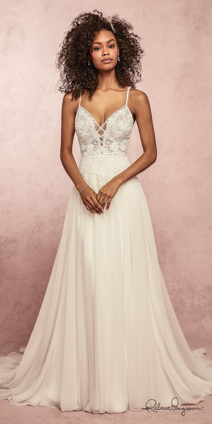 rebecca ingram spring 2019 bridal sleeveless thin straps lace sweetheart bodice soft a line wedding dress (seraphina) chapel train romantic boho mv