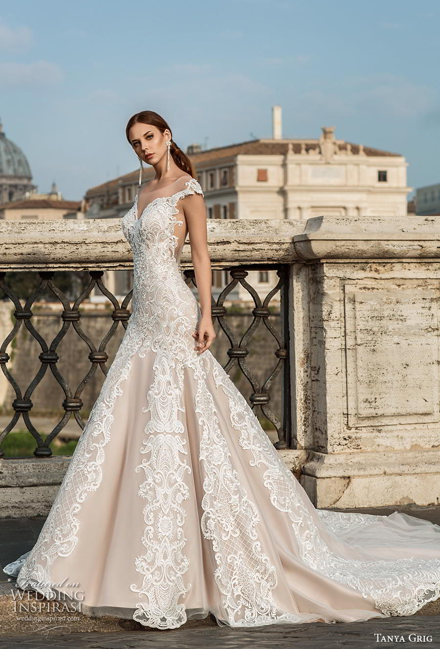 tanya grig 2019 bridal cap sleeves illusion bateau sweetheart neckline full embellishment elegant glamorous blush mermaid wedding dress low sheer button back chapel train (10) mv