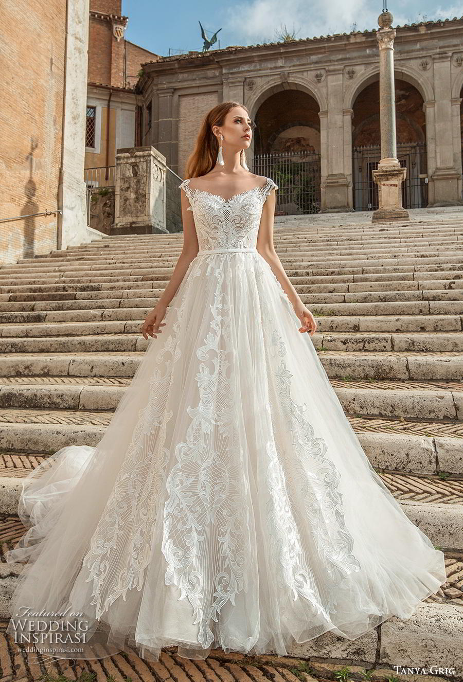 tanya grig 2019 bridal cap sleeves semi sweetheart neckline heavily embellished bodice romantic a  line wedding dress sheer button back chapel train (2) mv