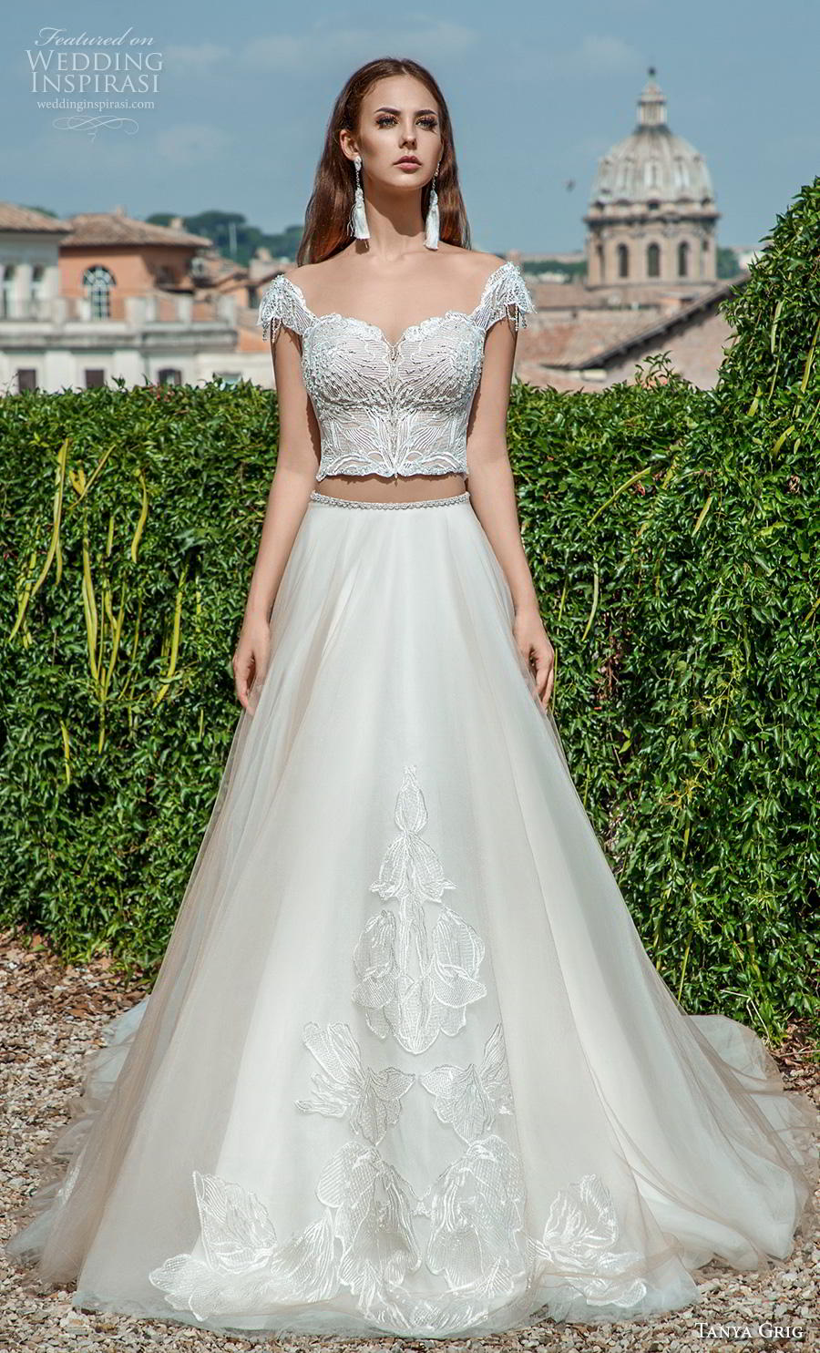 tanya grig 2019 bridal cap sleeves sweetheart neckline heavily embellished bodice crop top 2 piece romantic a  line wedding dress sheer button v back chapel train (9) mv