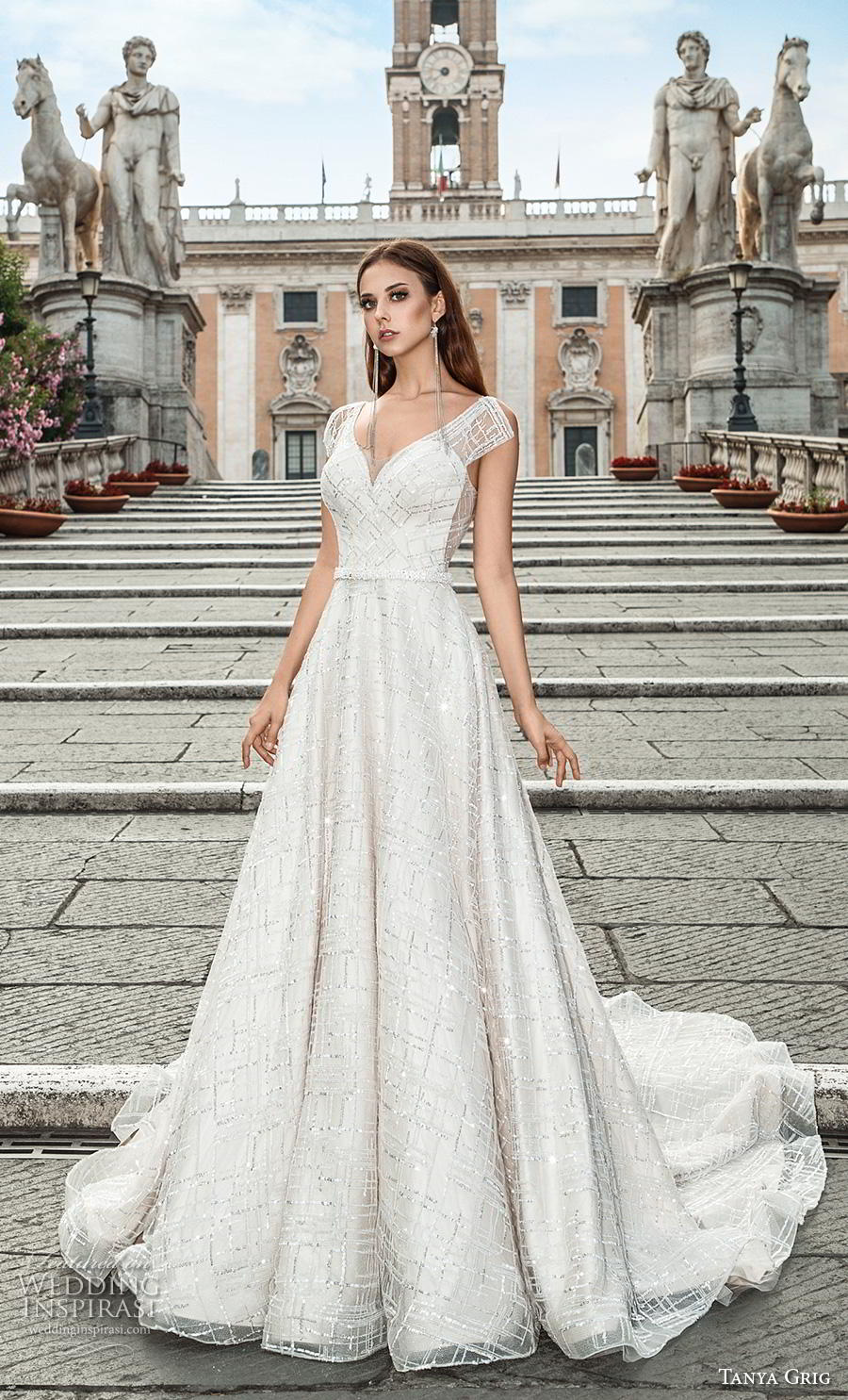 tanya grig 2019 bridal cap sleeves v neck full embellishment glitter romantic a  line wedding dress backless v back chapel train (16) mv