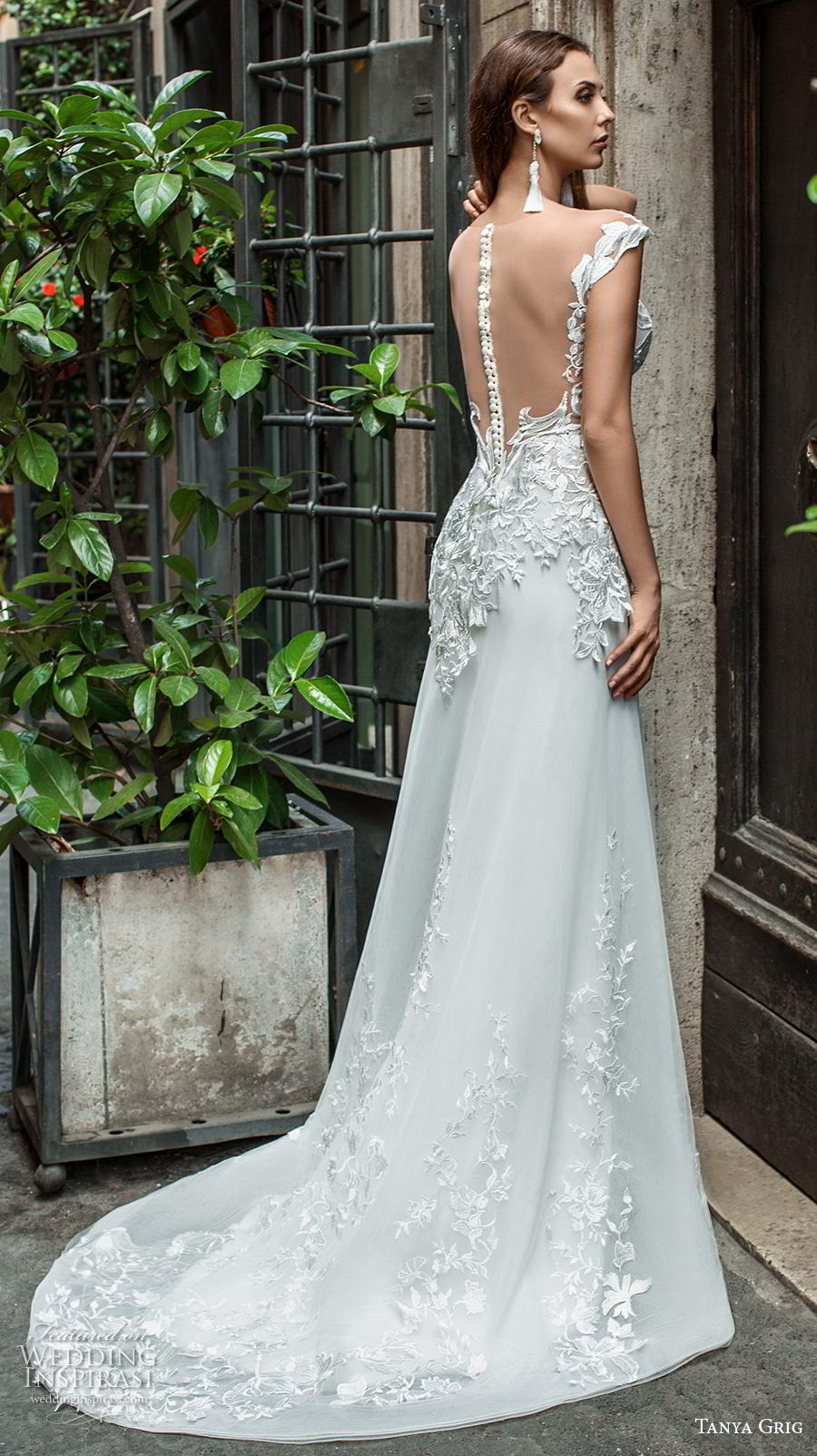 tanya grig 2019 bridal cap sleeves v neck heavily embellished bodice romantic a  line wedding dress sheer button back medium train (5) bv