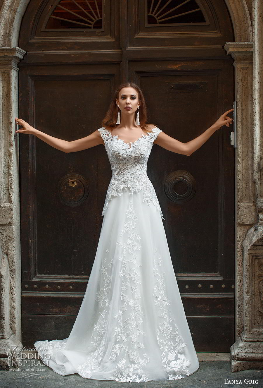 tanya grig 2019 bridal cap sleeves v neck heavily embellished bodice romantic a  line wedding dress sheer button back medium train (5) mv