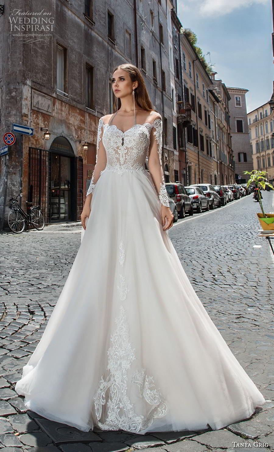 tanya grig 2019 bridal long sleeves illusion bateau sweetheart neckline heavily embellished bodice romantic a  line wedding dress sheer button back chapel train (14) mv