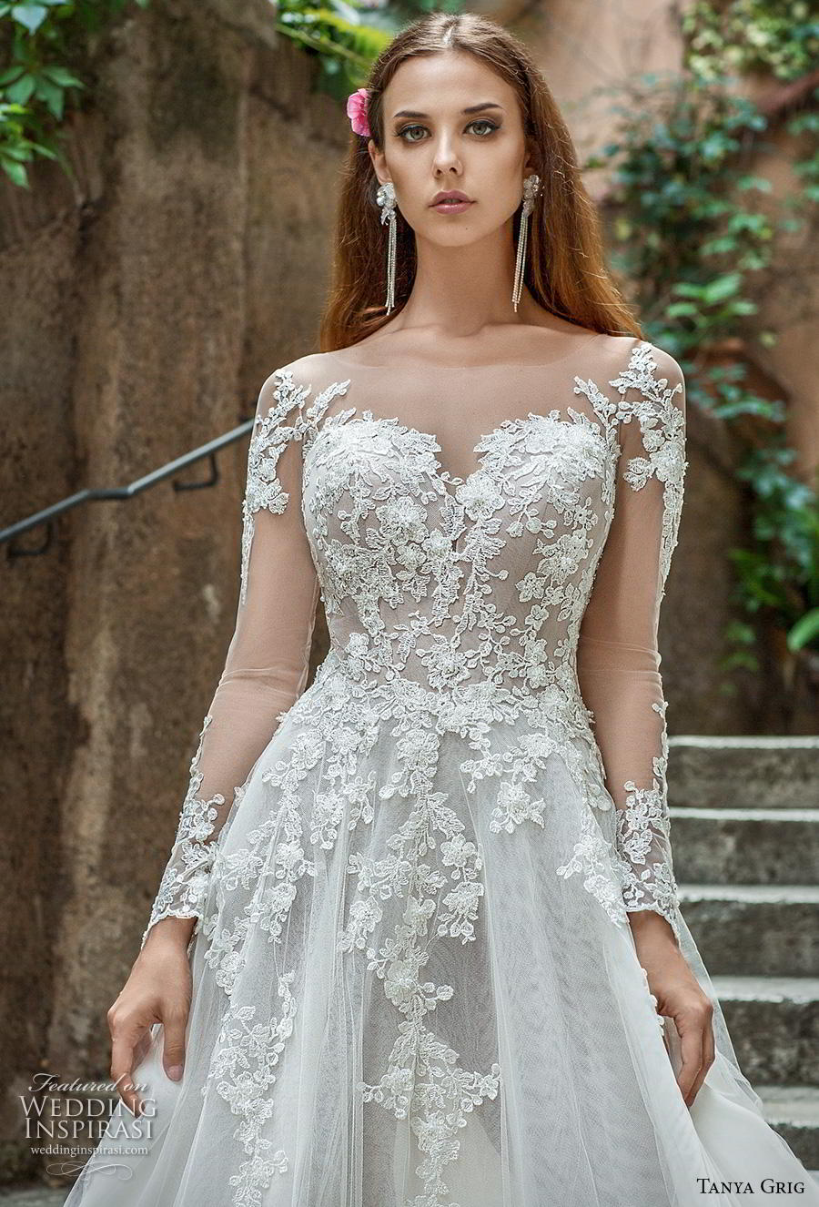 tanya grig 2019 bridal long sleeves illusion bateau sweetheart neckline heavily embellished bodice romantic a  line wedding dress sheer button v back chapel train (3) zv