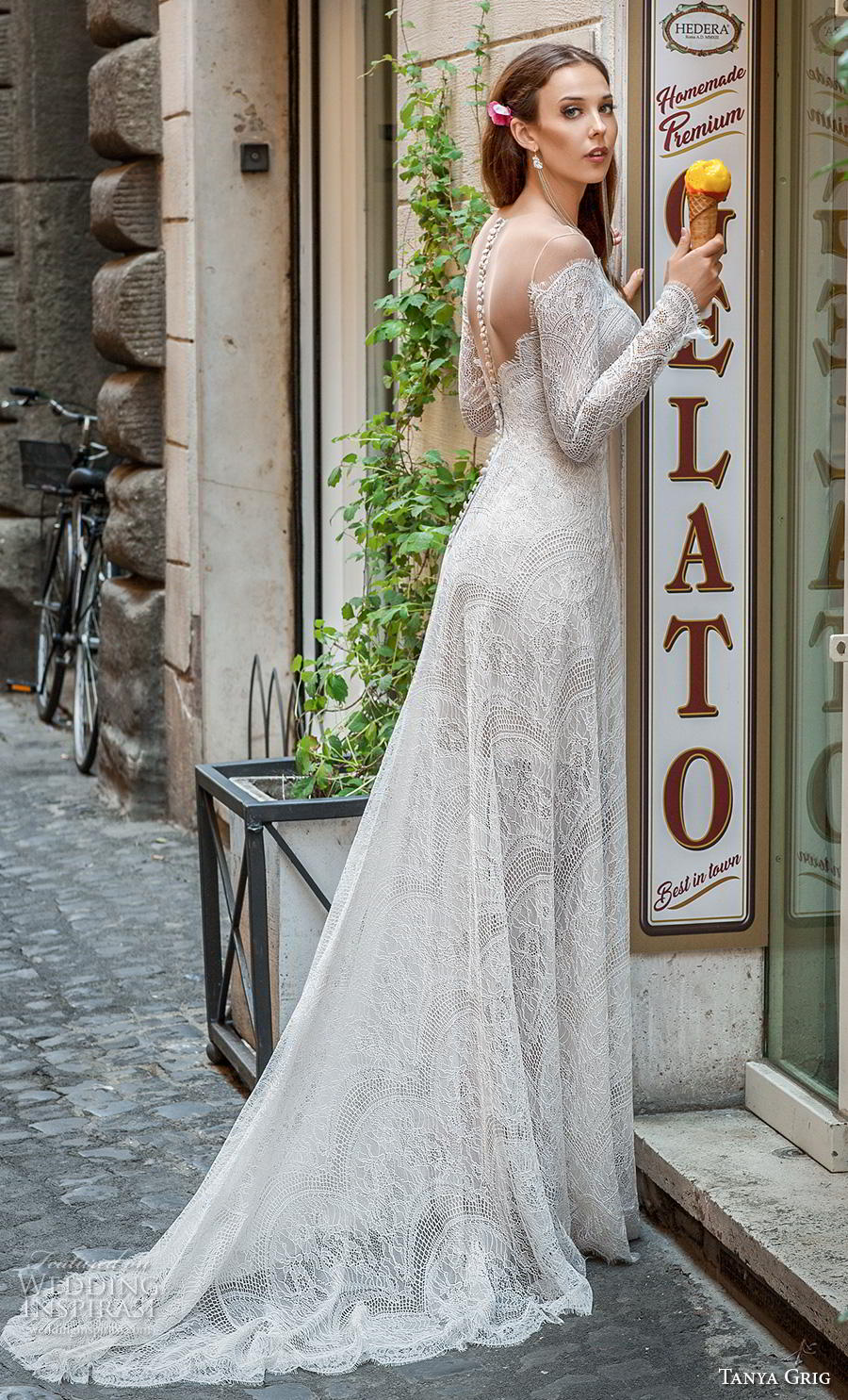 tanya grig 2019 bridal long sleeves off the shoulder straight across neckline full embellishment elegant bohemian modified a  line wedding dress sheer button back short train (4) bv