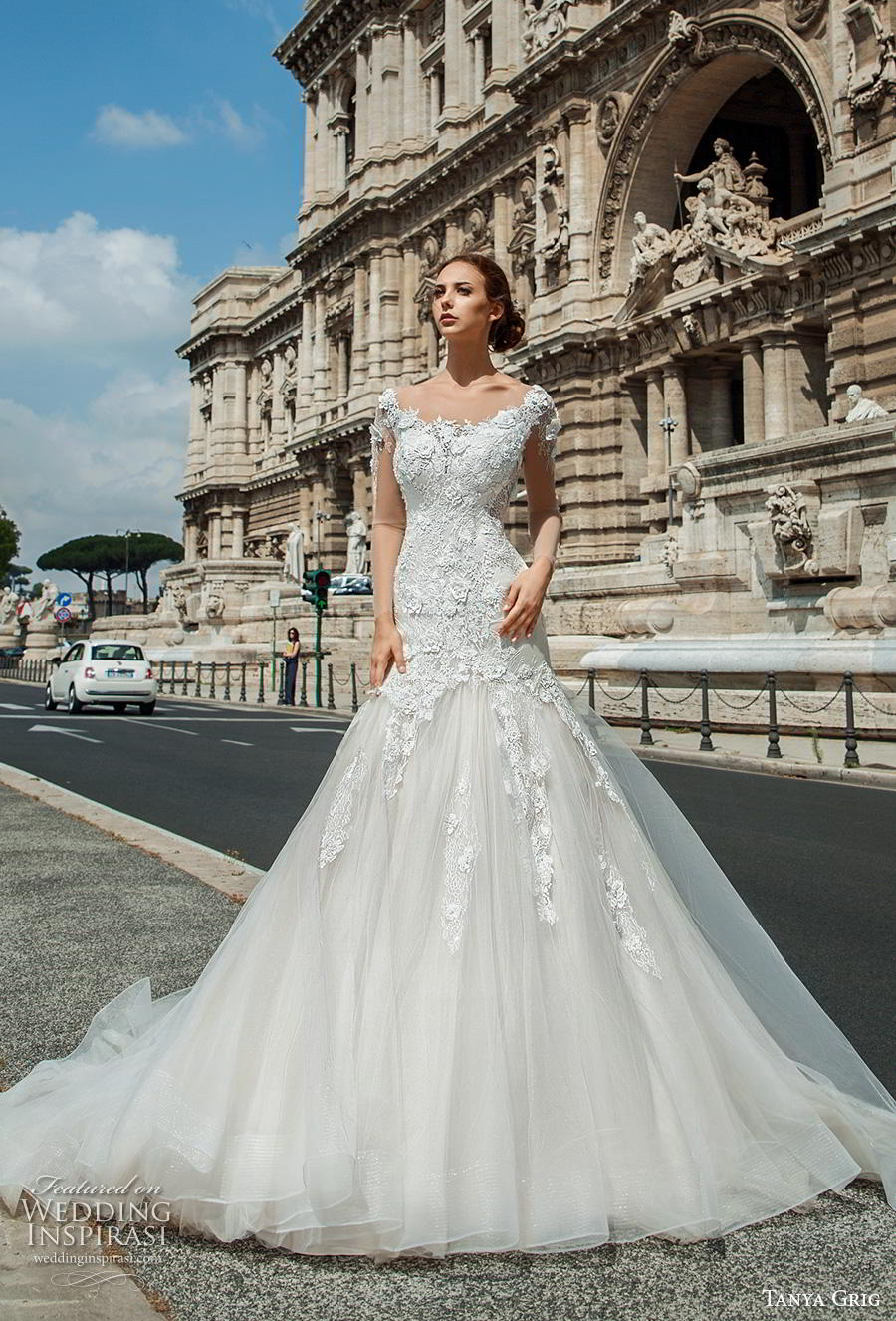 tanya grig 2019 bridal sheer long sleeves scoop neckline heavily embellished bodice romantic drop waist a  line wedding dress sheer button back chapel train (7) mv