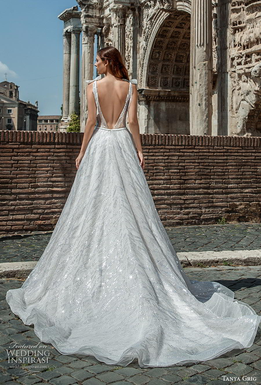 tanya grig 2019 bridal sleeveless ribbon strap v neck full embellishment gliutter romantic a  line wedding dress backless v back chapel train (15) bv