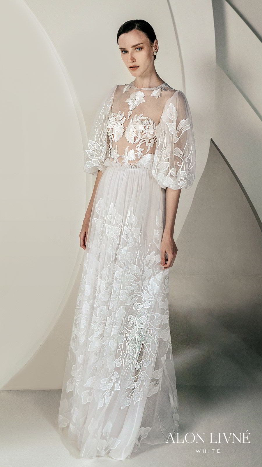 alon livne white spring 2020 bridal 3 quarter illusion puff sleeves jewel neckline sheer bodice fully embellished embroidered lace a line wedidng dress (glory) romantic bohemian mv