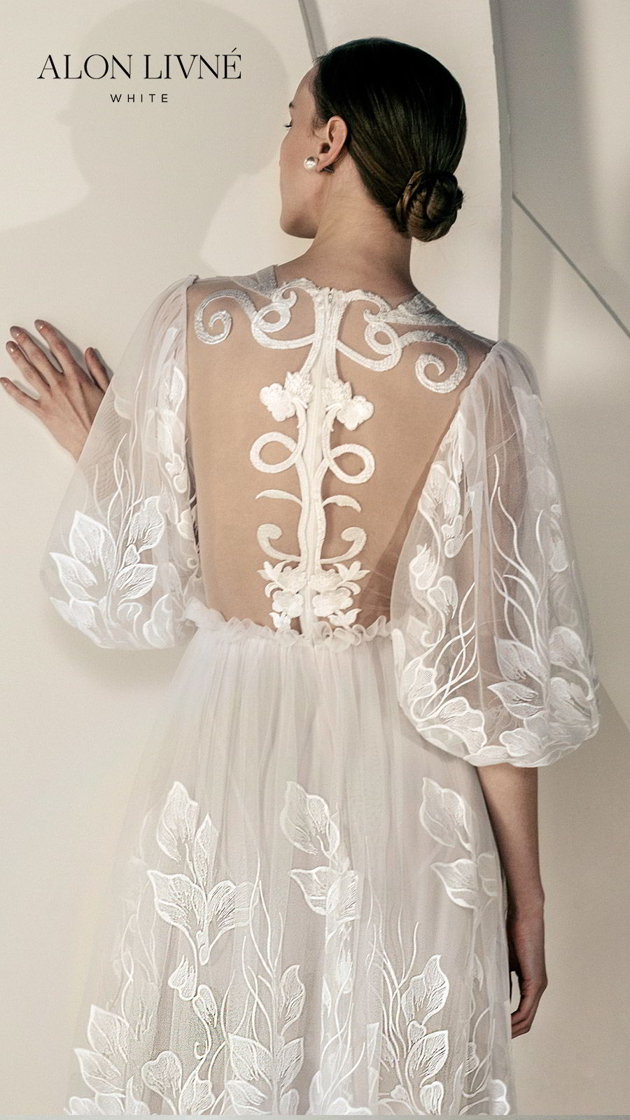 alon livne white spring 2020 bridal 3 quarter illusion puff sleeves jewel neckline sheer bodice fully embellished embroidered lace a line wedidng dress (glory) romantic bohemian zbv