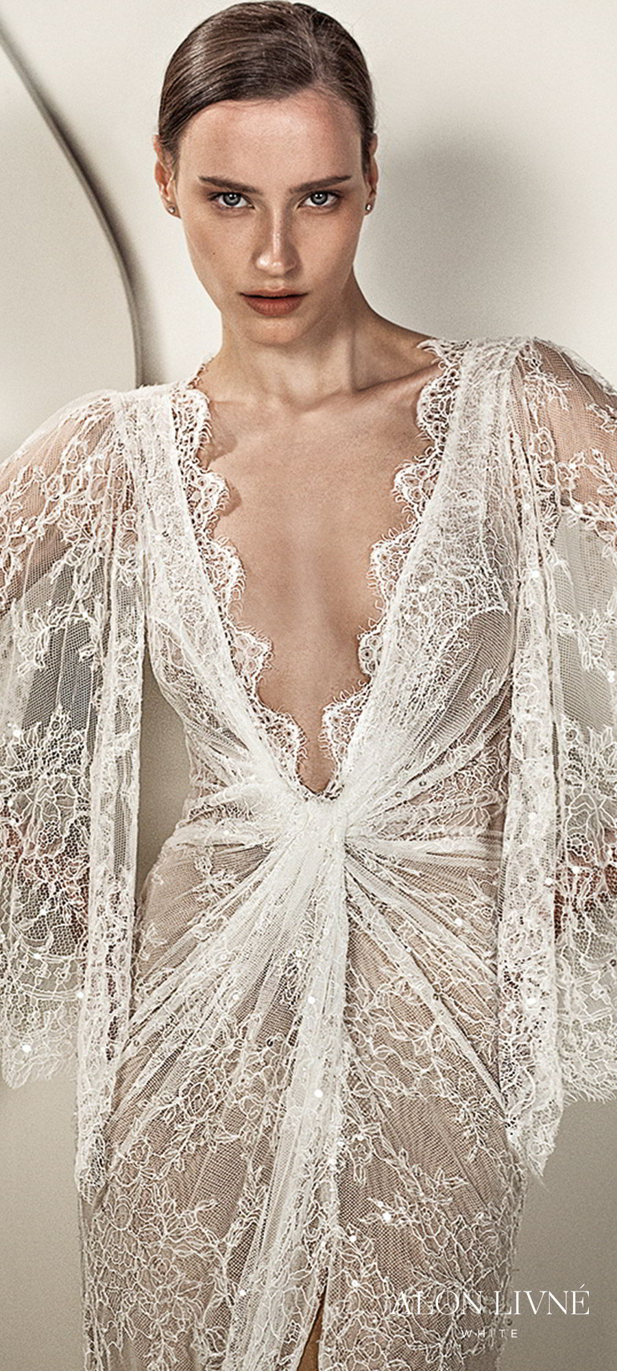 alon livne white spring 2020 bridal illusion 3 quarter flutter sleeves deep v neckline ruched bodice lace sheath kaftan wedding dress (kylie) slit skirt romantic boho chic zv