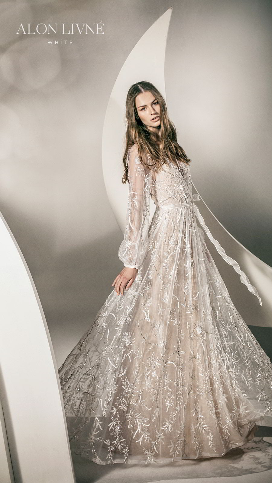 alon livne white spring 2020 bridal illusion long bishop sleeves surplice v neckline fully embellished a line lace wedding dress (natalie) romantic boho chic mv