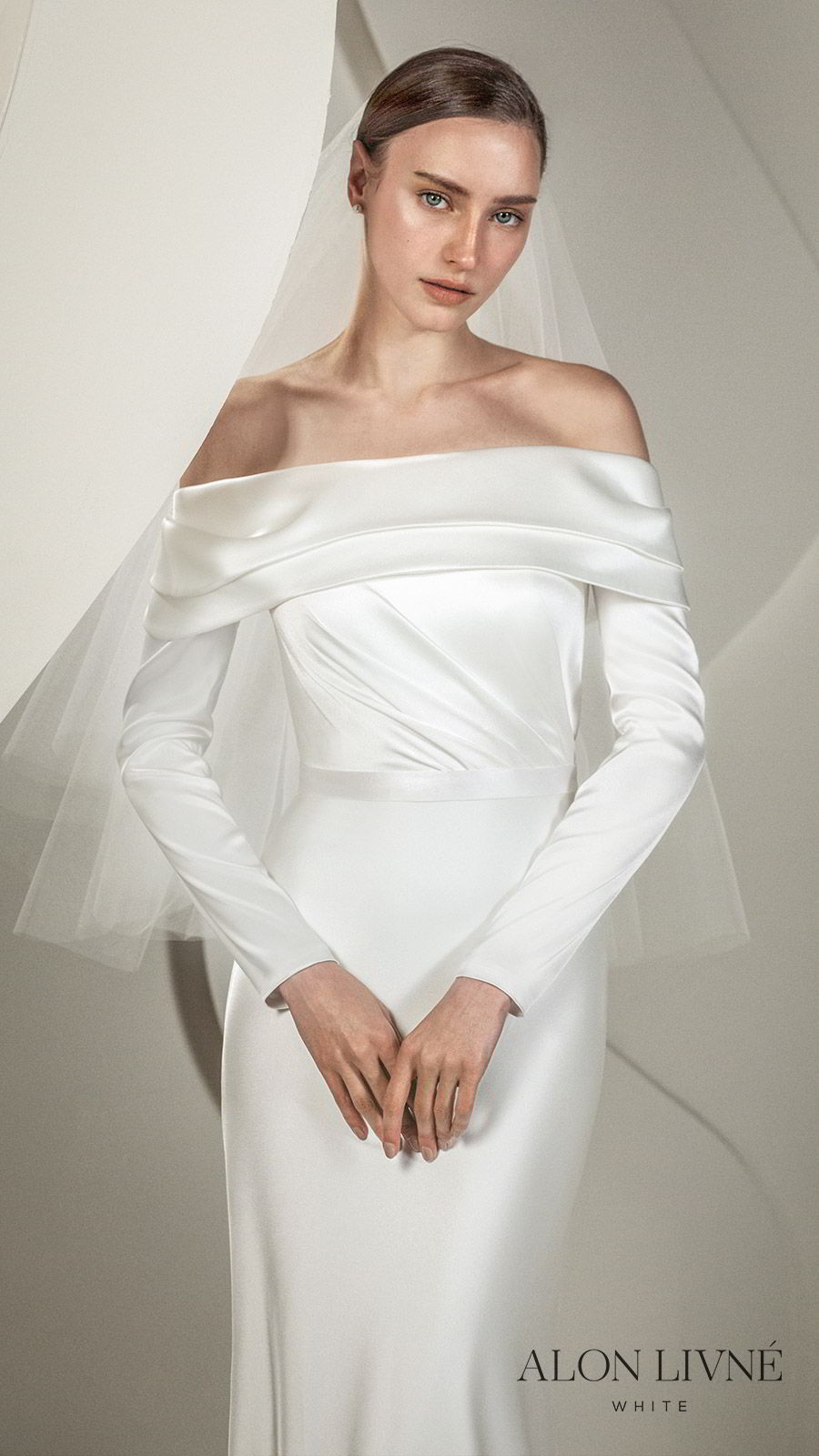 alon livne white spring 2020 bridal off shoulder foldover neckline long sleeves simple sheath column wedding dress (juliet) elegant chic minimalist mv