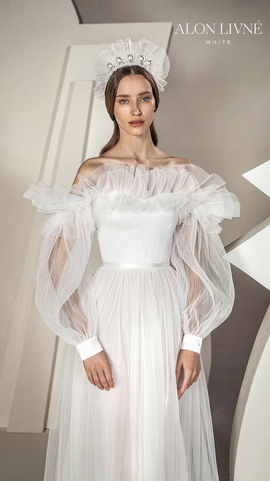 alon livne white spring 2020 bridal off shoulder illusion long bishop sleeves semi sweetheart ruffle neckline ruched bodice a line ball gown wedding dress (claudia) romantic boho modern mv