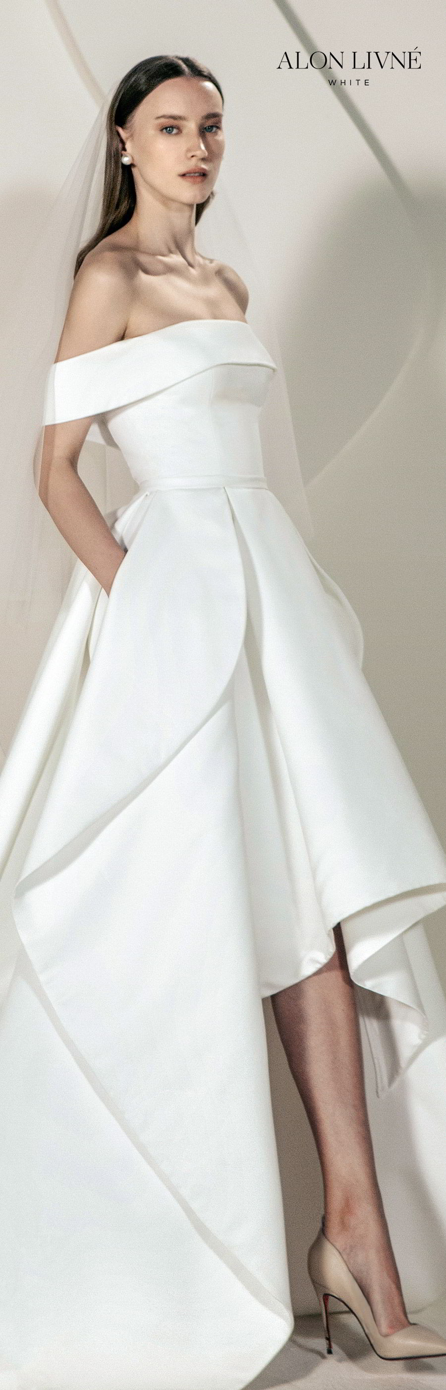 alon livne white spring 2020 bridal off shoulder straight across neckline foldover ball gown a line simple wedding dress high low skirt pocket (erica) clean minimal modern chic lv