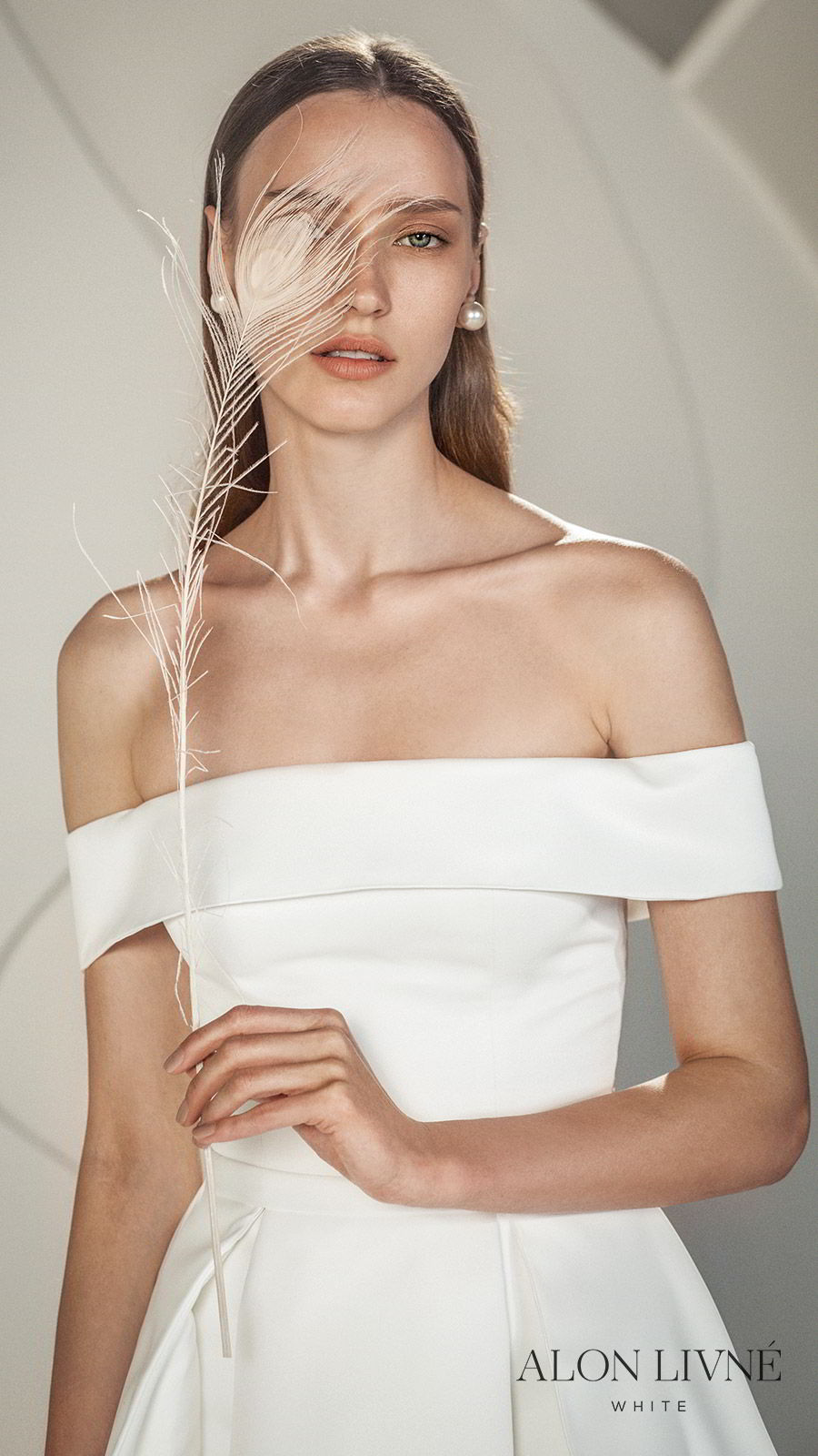 alon livne white spring 2020 bridal off shoulder straight across neckline foldover ball gown a line simple wedding dress shannon) clean minimal modern chic zv