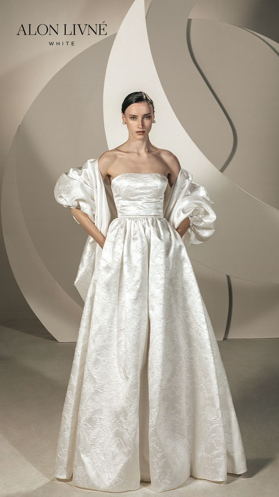 alon livne white spring 2020 bridal strapless straight across a line ball gown embellished simple wedding dress jacket (brenda) elegant modern mv