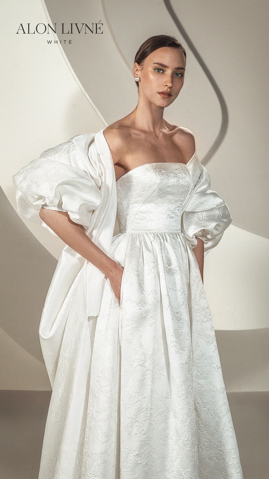 alon livne white spring 2020 bridal strapless straight across a line ball gown embellished simple wedding dress jacket (brenda) elegant modern zv