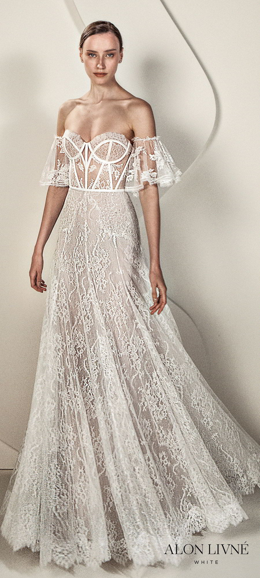 alon livne white spring 2020 bridal strapless sweetheart detached sheer flutter sleeves illusion bodice modified a line fit flare lace wedding dress (eve) romantic boho chic mv