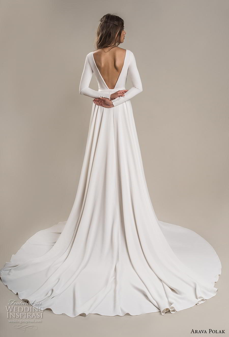 arava polak 2019 bridal long sleeves deep v neck simple minimalist slit skirt sexy modern a  line wedding dress backless low v back chapel train (2) bv