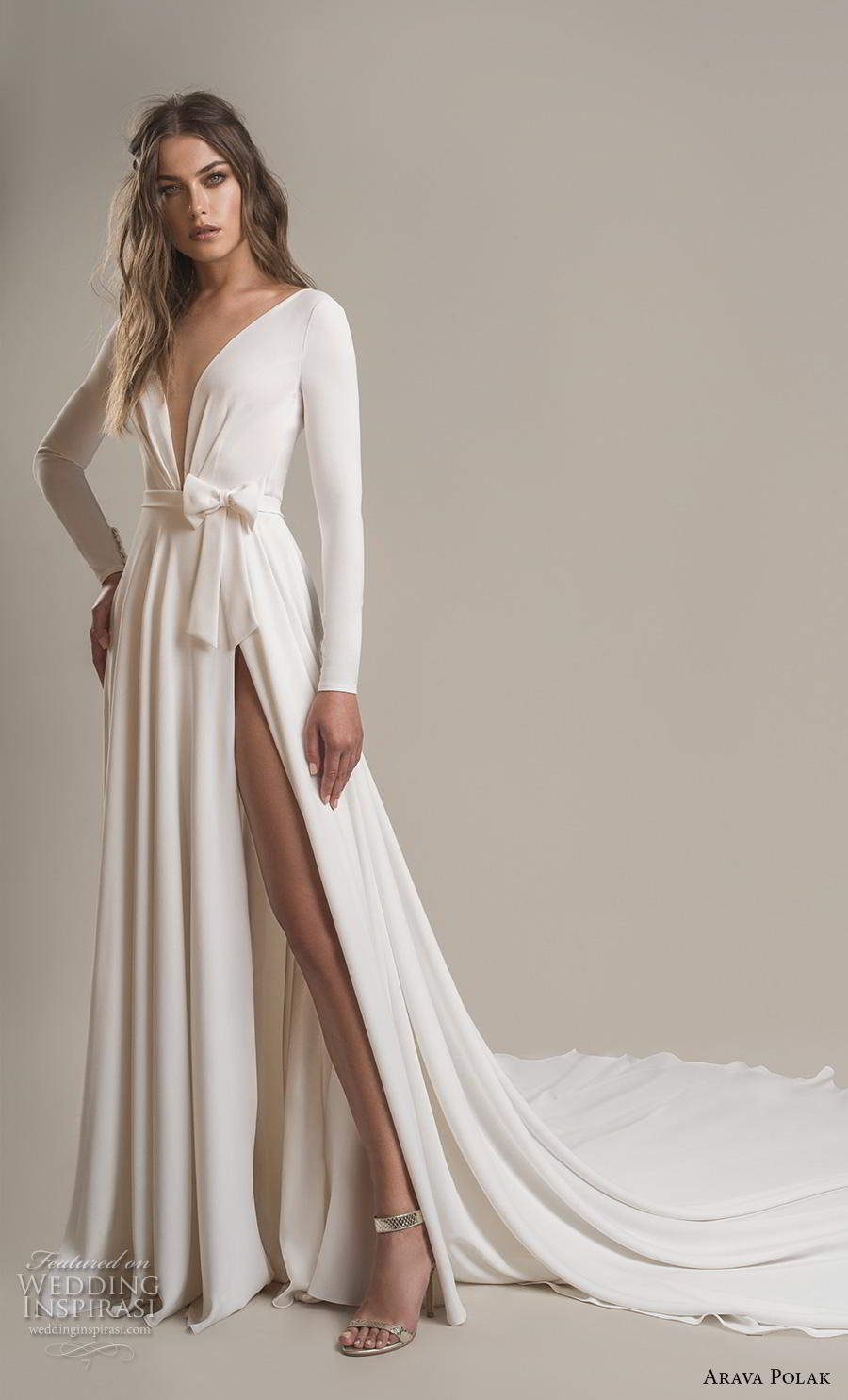 arava polak 2019 bridal long sleeves deep v neck simple minimalist slit skirt sexy modern a  line wedding dress backless low v back chapel train (2) mv