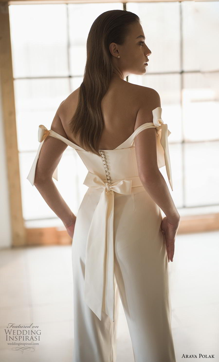 arava polak 2019 bridal off the shoulder ribbon sleeves sweetheart neckline simple minimalist jumpsuit wedding dress with pockets mid back (14) bv