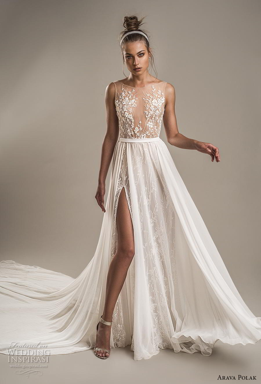 arava polak 2019 bridal sleeveless bateau neckline heavily embellished bodice slit skirt romantic soft a  line wedding dress backless v back chapel train (5) mv