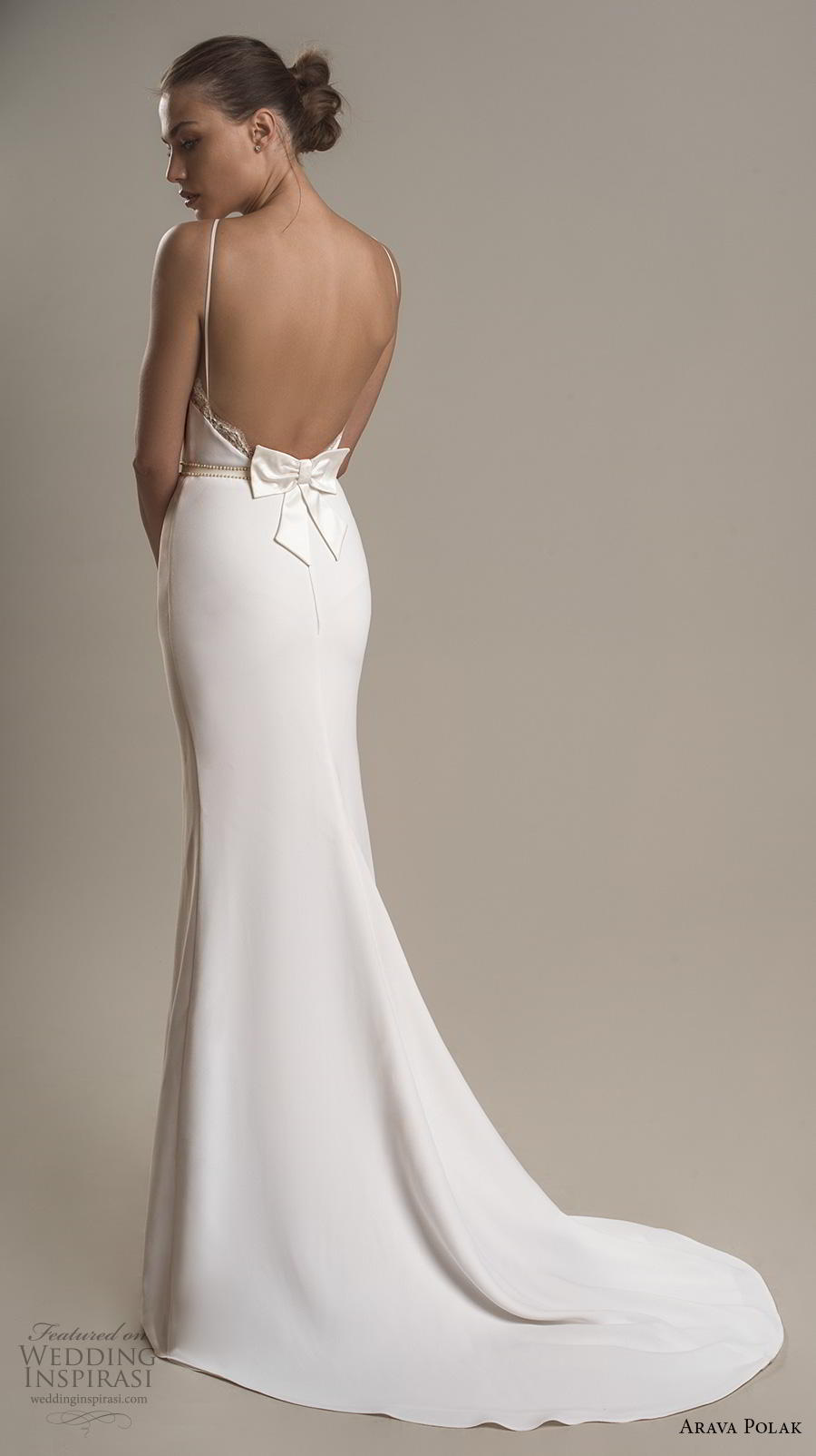 arava polak 2019 bridal sleeveless halter neck simple minimalist elegant classy sheath wedding dress backless ribbon low scoop back short train (10) bv