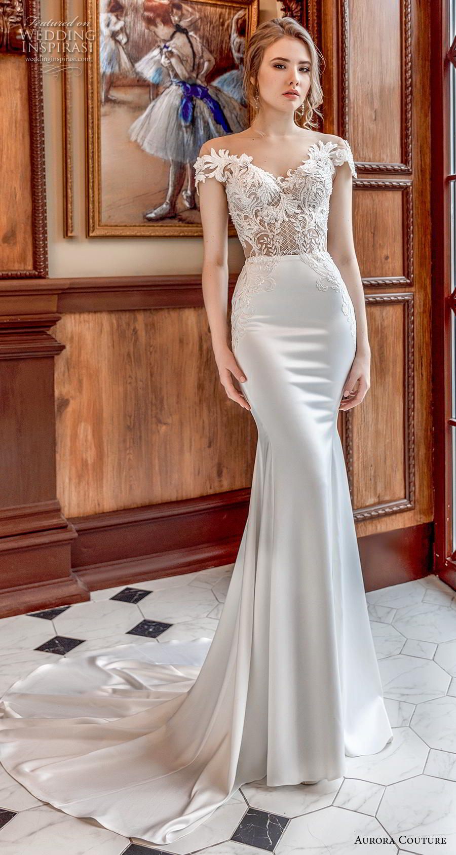 aurora couture 2019 bridal cap sleeves off the shoulder v neck heavily embellished bodice elegant sheath wedding dress corset back medium train (15) mv