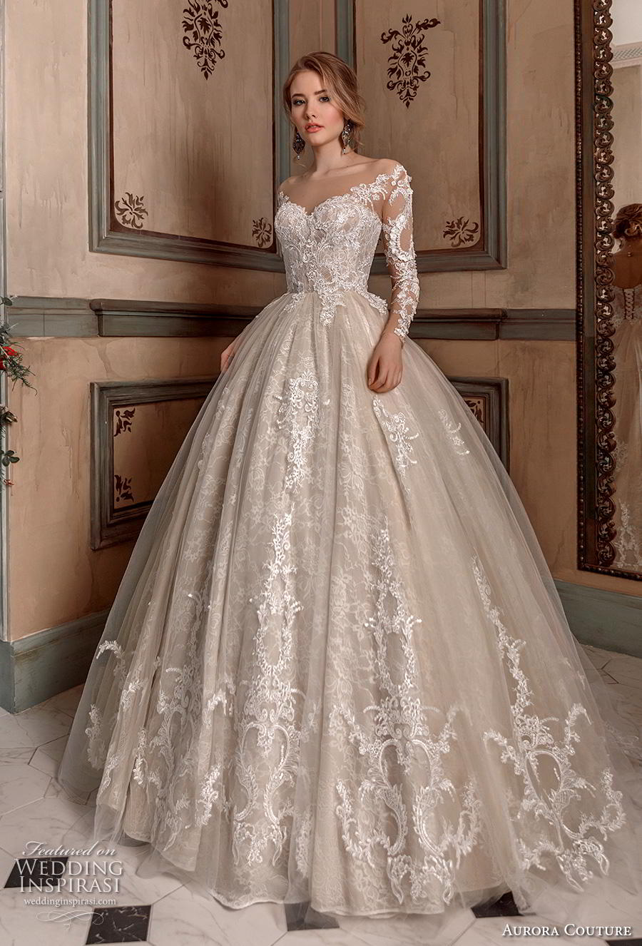 aurora couture 2019 bridal long sleeves illiusion off the shoulder sweetheart neckline full embellishment princess ball gown a  line wedding dress mid back chapel train (5) mv