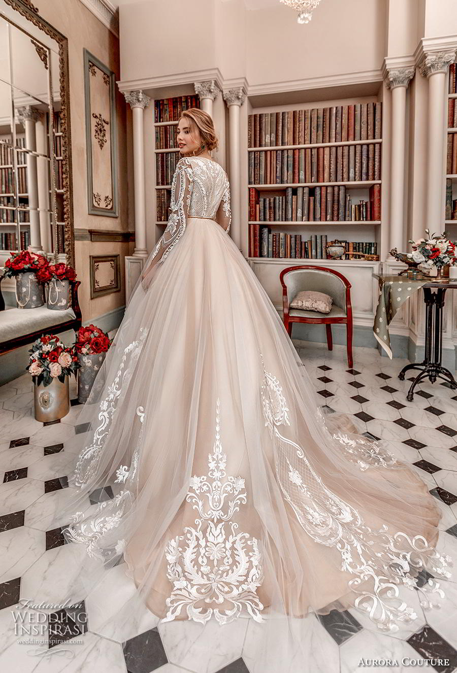 aurora couture 2019 bridal long sleeves jewel slit neckline heavily embellished bodice hem princess blush ball gown a  line wedding dress covered back chapel train (16) bv