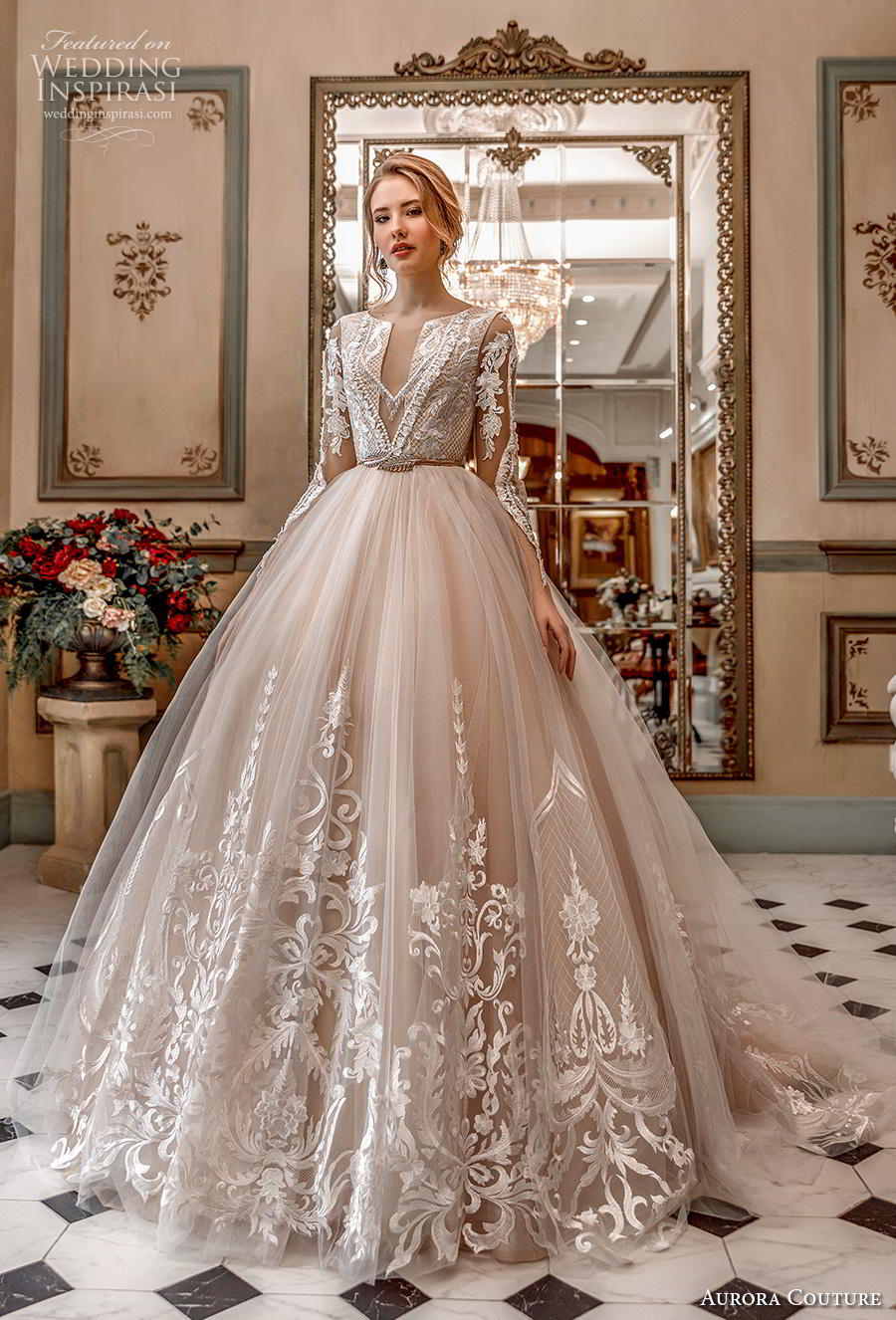 aurora couture 2019 bridal long sleeves jewel slit neckline heavily embellished bodice hem princess blush ball gown a line wedding dress covered back chapel train 16 mv