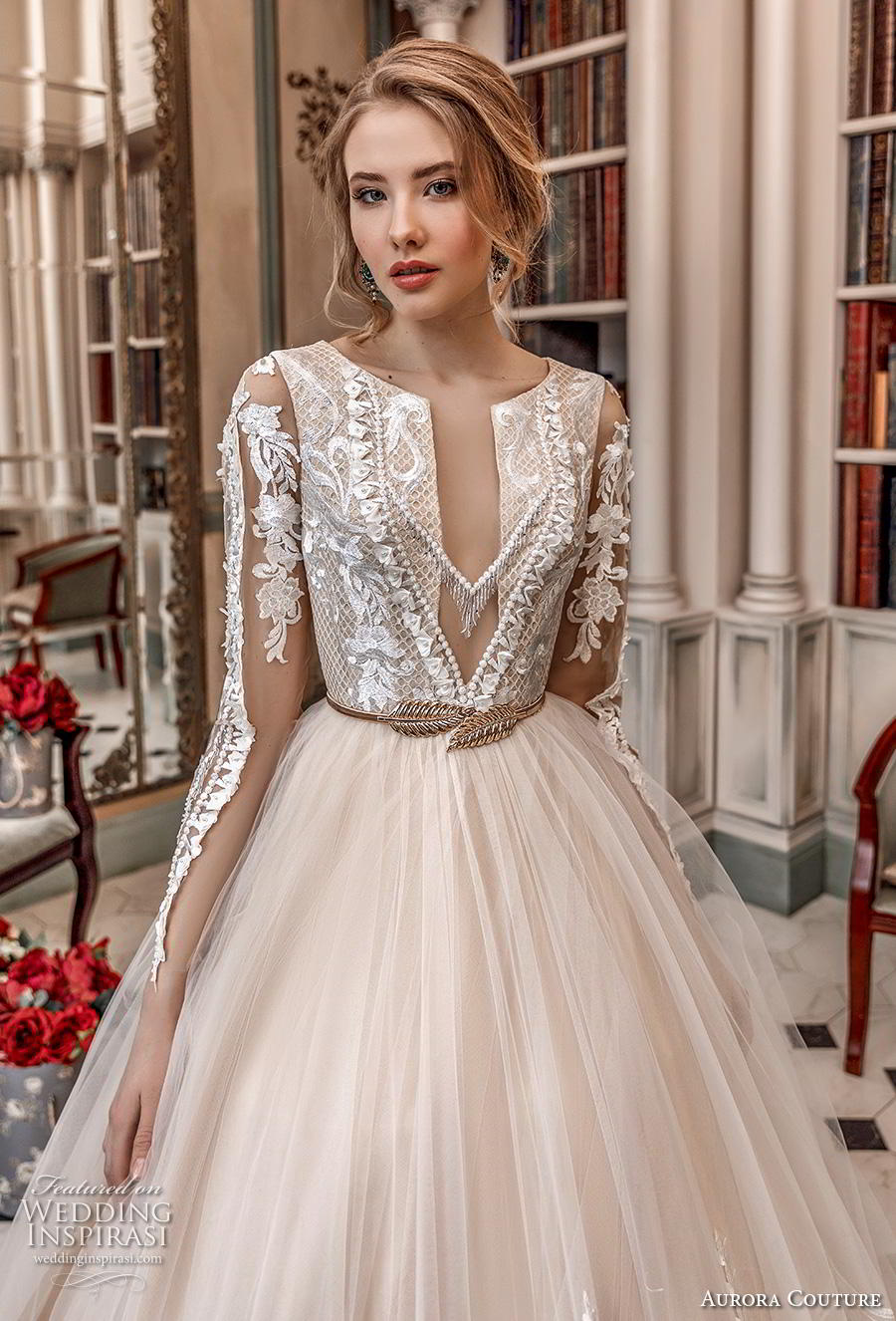 aurora couture 2019 bridal long sleeves jewel slit neckline heavily embellished bodice hem princess blush ball gown a  line wedding dress covered back chapel train (16) zv