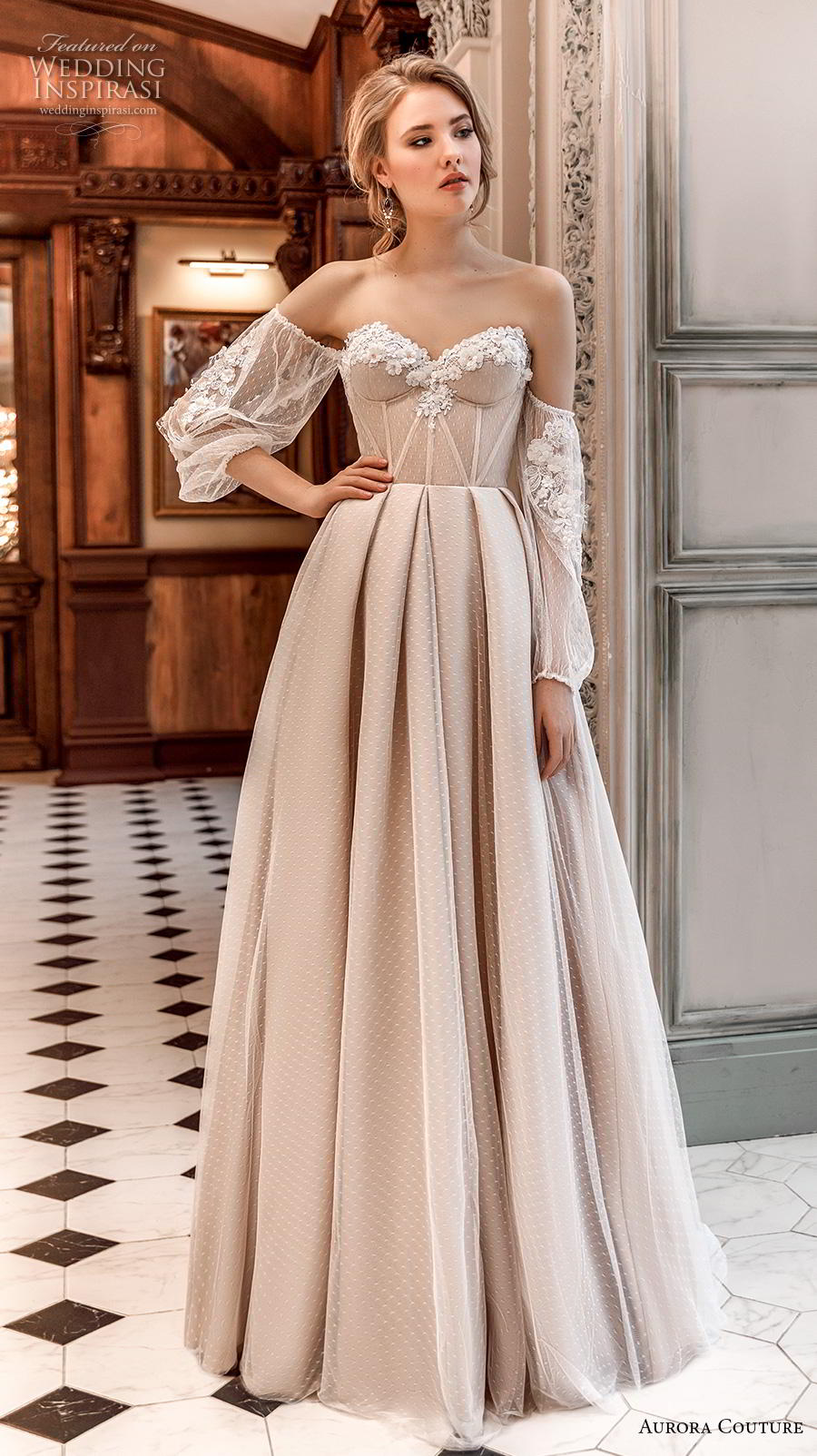 aurora couture 2019 bridal off the shoulder bishop sleeves strapless sweetheart neckline lightly embellished bodice bustier simple a  line wedding dress sweep train (6) mv