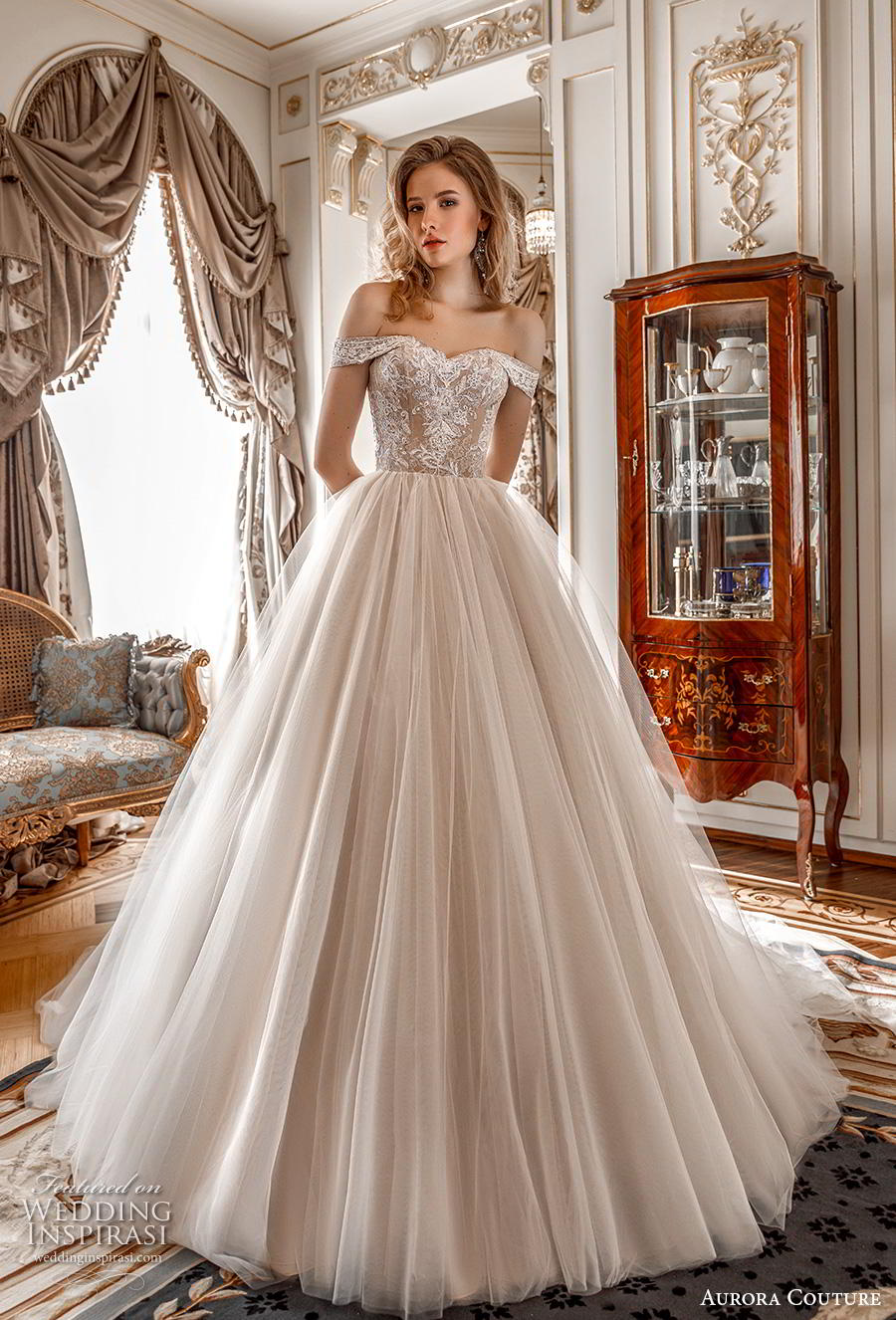 aurora couture 2019 bridal off the shoulder sweetheart neckline heavily embellished bodice romantic a  line wedding dress mid back chapel train (3) mv