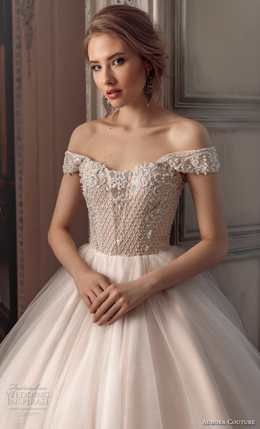 aurora couture 2019 bridal off the shoulder sweetheart neckline heavily embellished bodice romantic a  line wedding dress mid back chapel train (4) zv