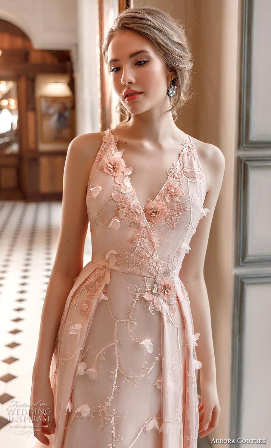 aurora couture 2019 bridal sleeveless v neck full embellishment romantic blush a  line wedding dress (10) zv