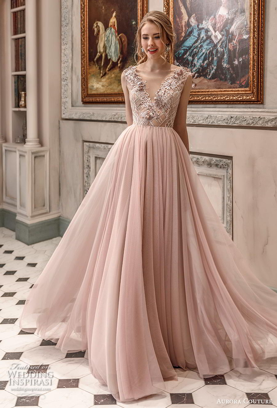 aurora couture 2019 bridal sleeveless v neck heavily embellished bodice romantic blush soft a  line wedding dress sweep train (11) mv