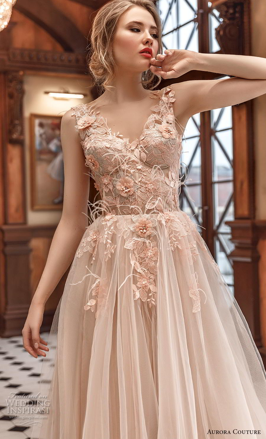 aurora couture 2019 bridal sleeveless with strap v neck heavily embellished bodice bustier tulle skirt romantic blush ball gown a  line wedding dress (13) zv