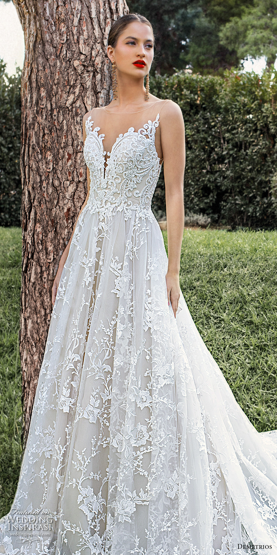 demetrios 2020 bridal sleeveless illusion bateau sweetheart neckline full embellishment romantic a  line wedding dress sheer lace back chapel train (2) lv