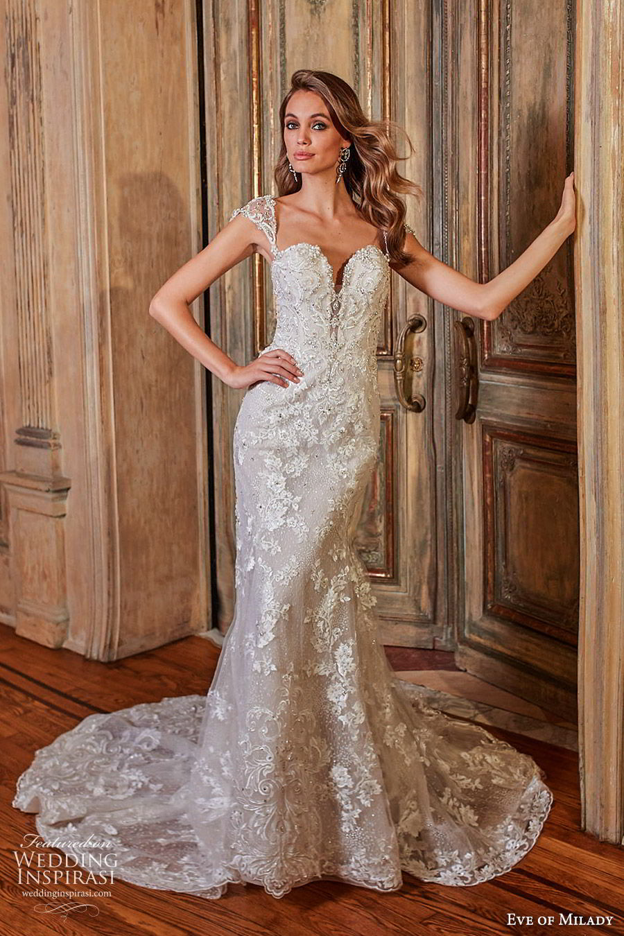eve of milady fall 2018 bridal illusion cap sleeves sweetheart heavily embellished sheath trumpet lace wedding dress (7) low back elegant glam chapel train mv