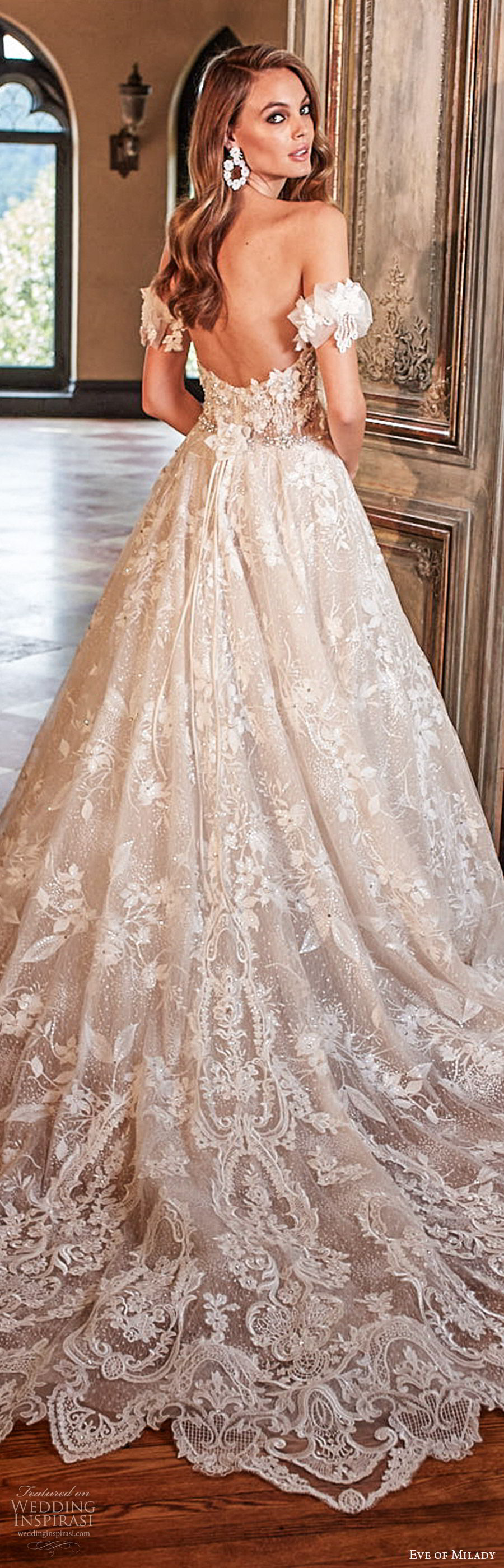 eve of milady fall 2018 bridal off shoulder sweetheart fully embellished lace a line ball gown wedding dress (5) low back romantic princess chapel train elegant zbv