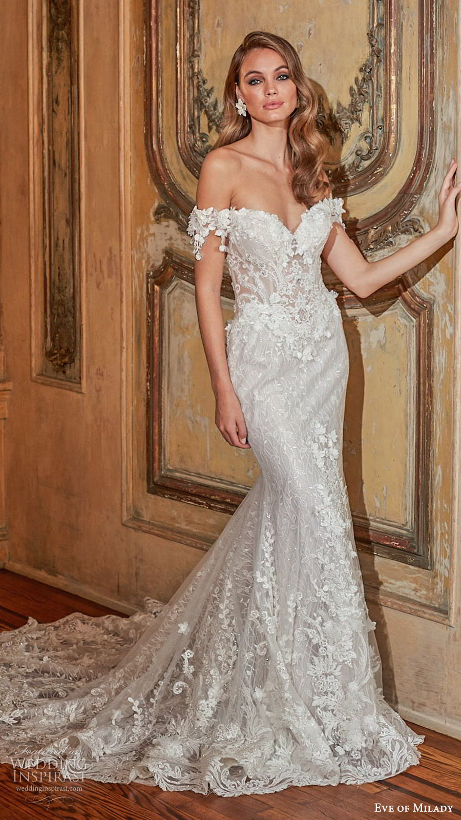 eve of milady fall 2018 bridal off shoulder sweetheart neckline sheat trumpet mermaid fully embellished lace wedding dress (4) illusion back chapel train elegant mv